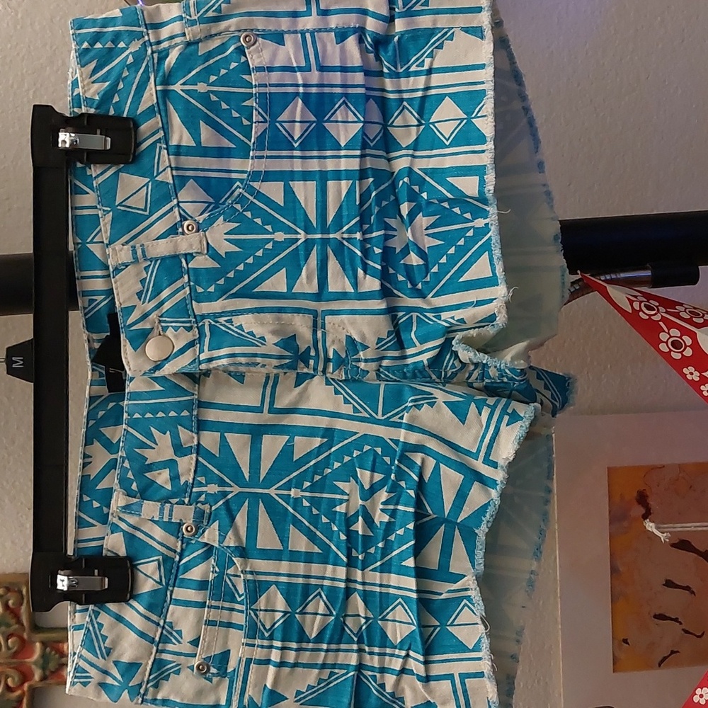 Teal and white tribal print Jean shorts vintage y2k